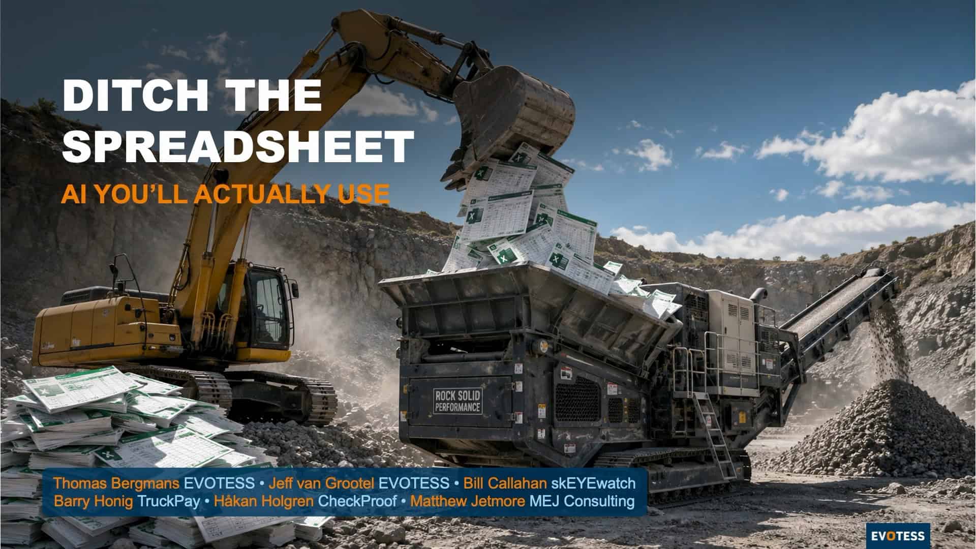 Ditch the Spreadsheet: AI You’ll Actually Use panel title slide at AggNexus 2026, listing panelists including Bill Callahan of skEYEwatch