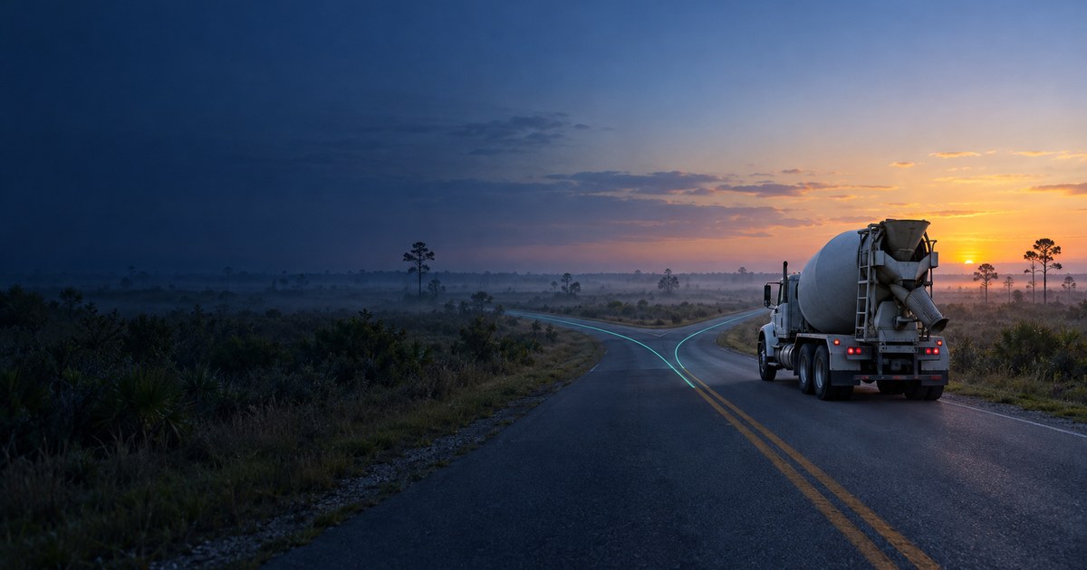 Ready-mix concrete truck at a fork in the road, representing a dispatch software roadmap decision
