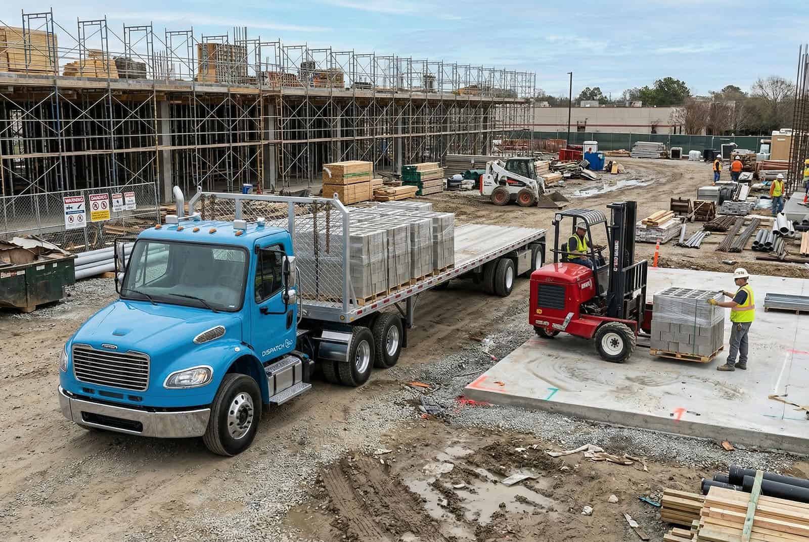 Blue flatbed truck delivering pallets of concrete blocks to a construction site with forklift unloading — Dispatch360 block and precast dispatch software