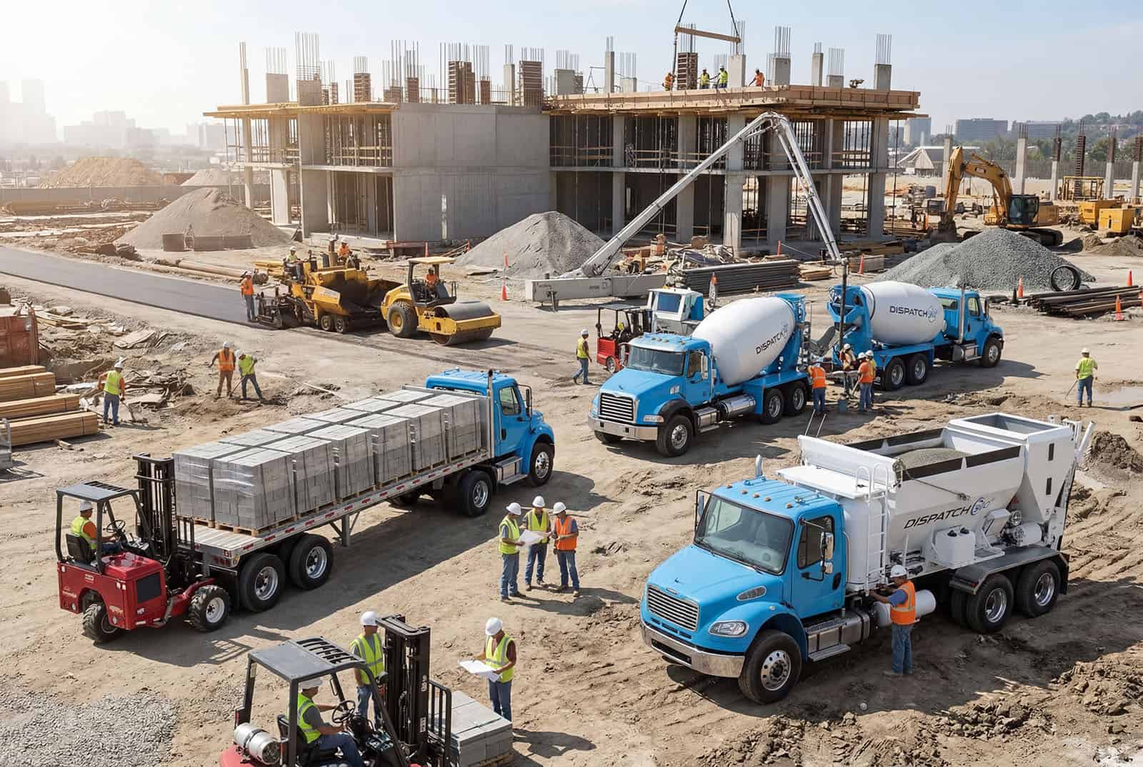 Dispatch360 fleet management for construction materials — ready-mix concrete trucks, volumetric mixer, and flatbed block delivery truck with piggyback forklift all active on a commercial construction job site managed by the Dispatch360 platform