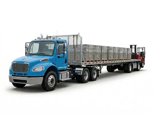 Dispatch360 concrete block delivery flatbed truck with mounted forklift for precast hauling