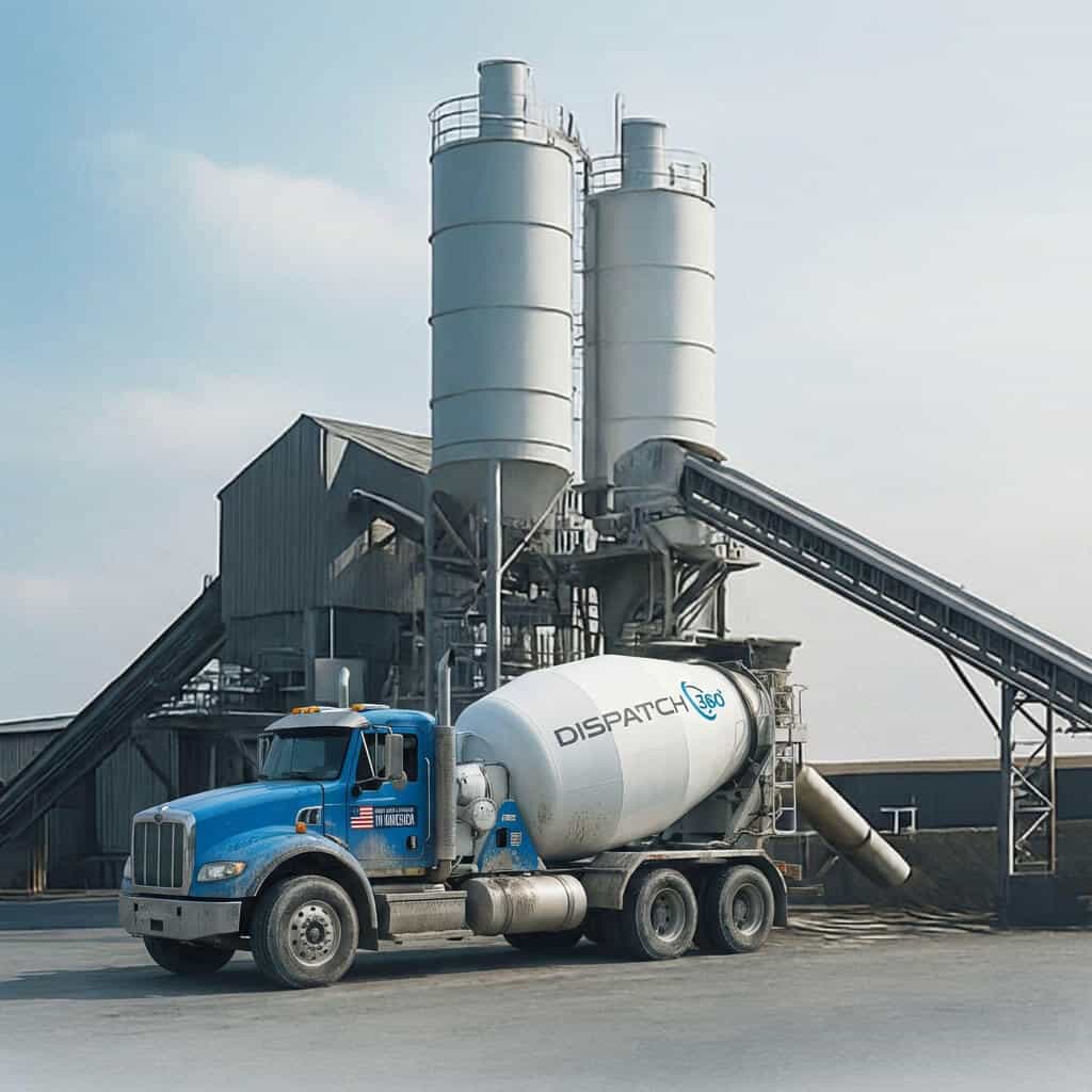 Ready-mix order management software — Dispatch360 branded concrete truck at a batch plant