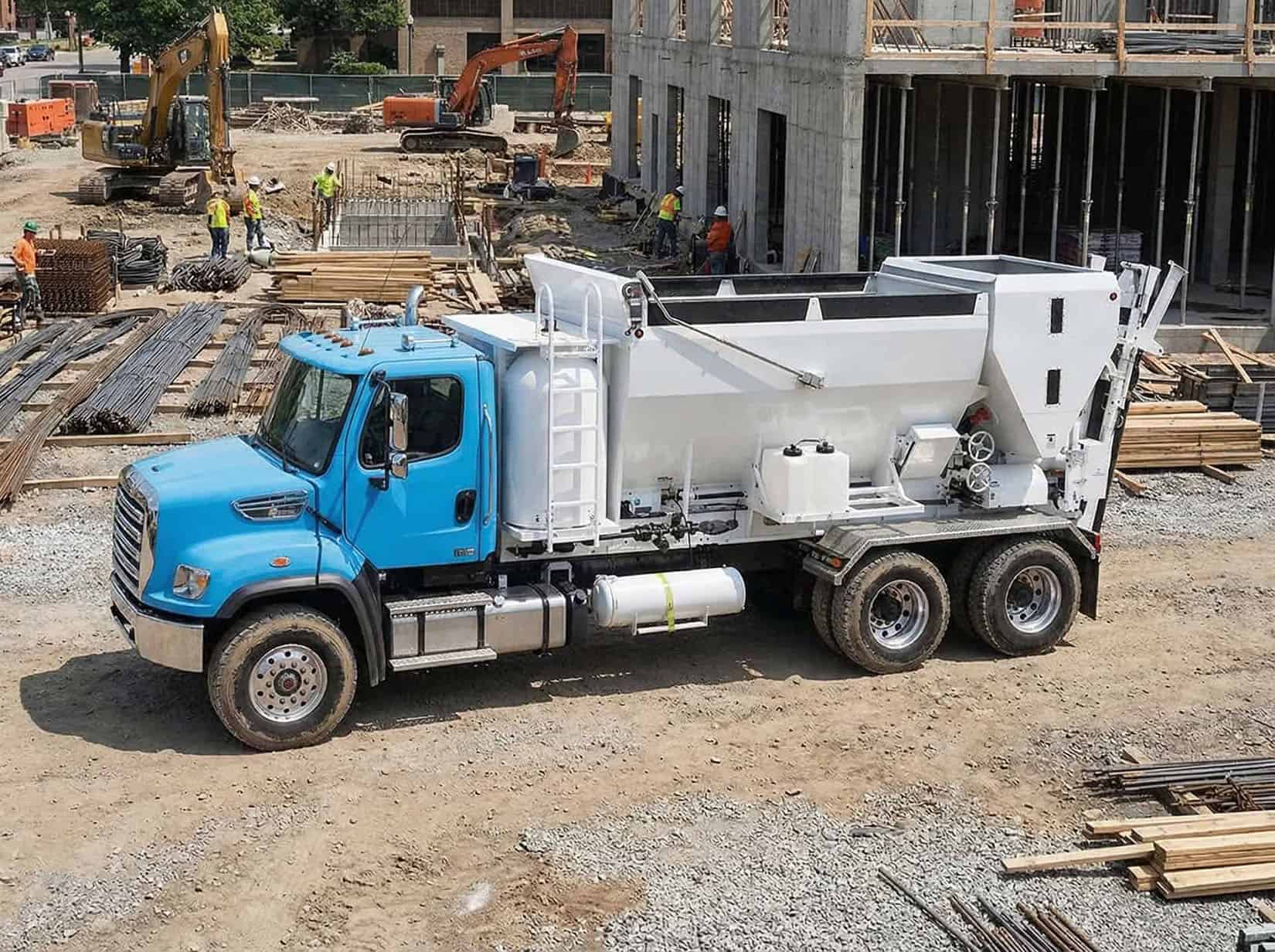 Volumetric mobile concrete mixer truck on a construction jobsite — on-site batching for custom concrete pours