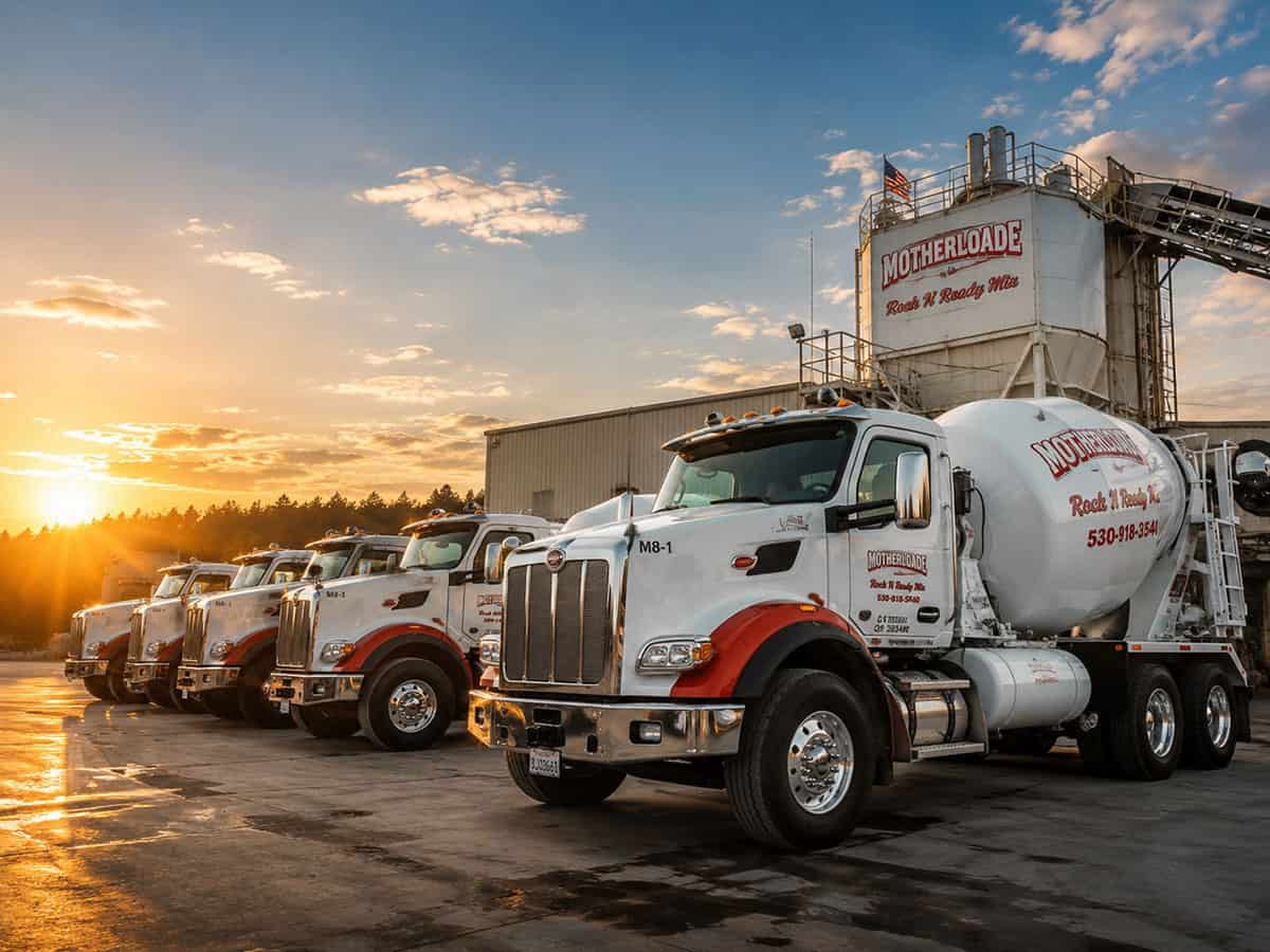 Motherlode Rock N Ready Mix fleet at golden hour