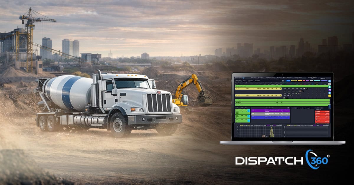 Ready-mix truck on a jobsite with Dispatch360 concrete dispatch software dashboard displayed on a laptop